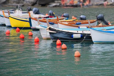 Group of motorboats tied to buoy