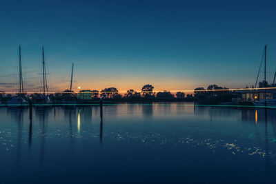 Scenic view of lake against clear sky at sunset