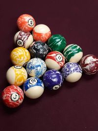 High angle view of multi colored balls on table