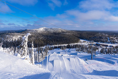 Snow covered landscape against sky