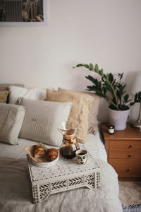 High angle view of breakfast on bed