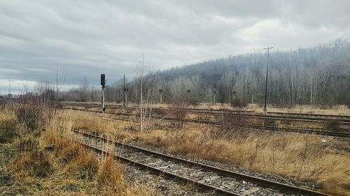 Railroad tracks by bare trees against sky