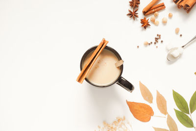 High angle view of bread on table against white background