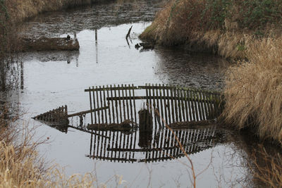 A fence like structure partially blocking a stream in a park