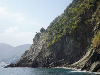 Scenic view of sea and mountains against sky