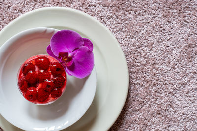 High angle view of strawberries in plate