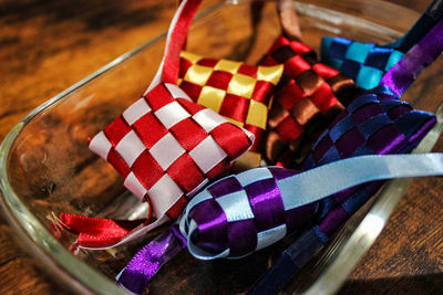 High angle view of multi colored candies on table