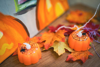 Close-up of jack o lantern on table