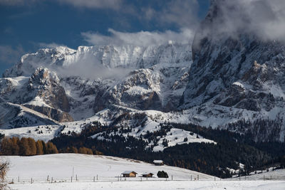 Scenic view of snow covered mountains against sky