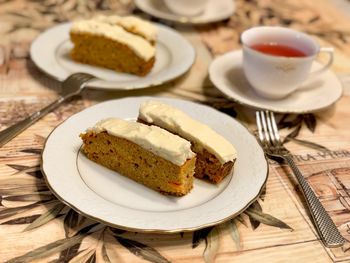 Close-up of cake served on table