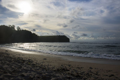 Scenic view of beach against sky during sunset