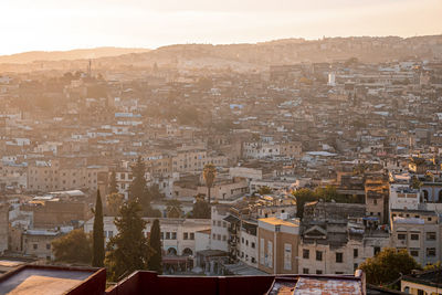 Sunrise or sunset cityscape skyline view of the old town of fez