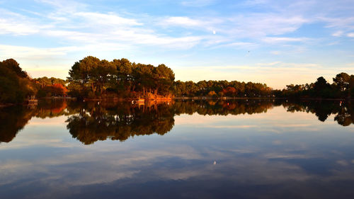 Scenic view of lake against sky at sunset