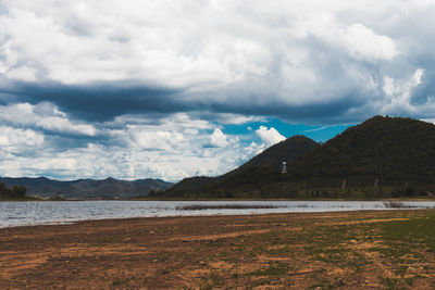 Scenic view of lake and mountains against sky