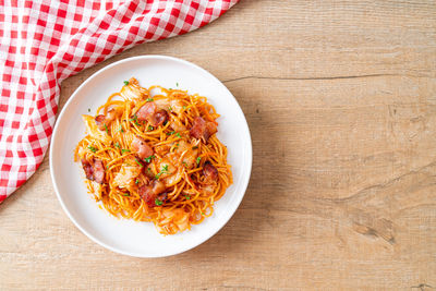 High angle view of food in plate on table