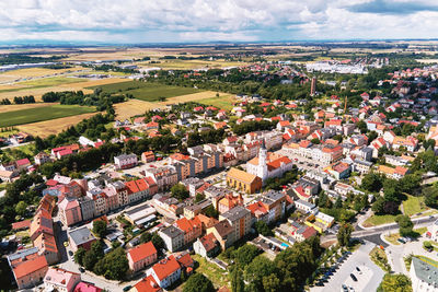 Aerial view of small european town with residential buildings and streets