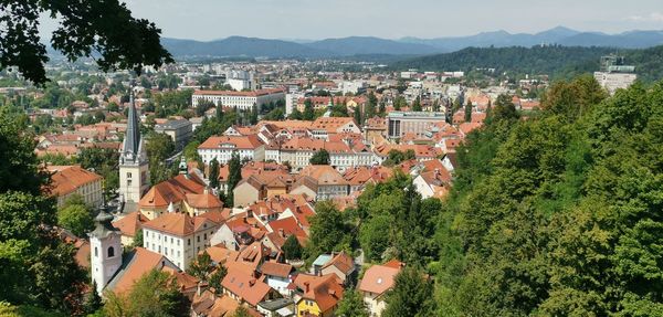 High angle view of townscape and trees in city