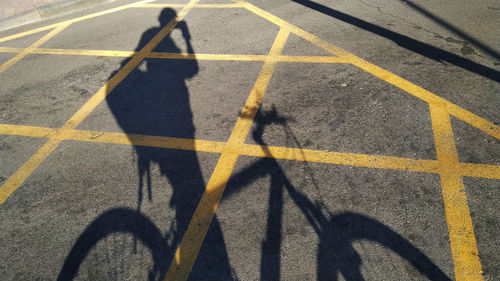 Shadow of man riding bicycle on road