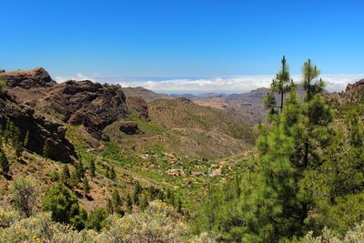 Scenic view of mountains against clear blue sky