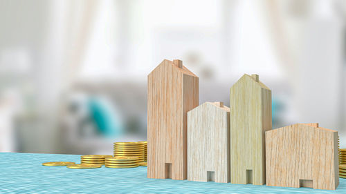 Close-up of stack of wooden table