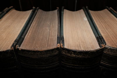 High angle view of old piano keys