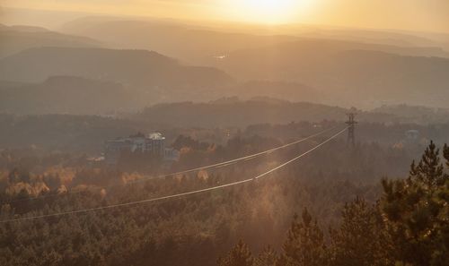 High angle view of landscape against sky during sunset