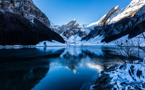 Scenic view of lake by snowcapped mountains against sky