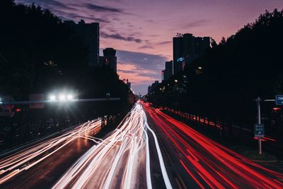 Light trails on road at night