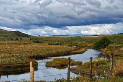 Scenic view of river and landscape against sky