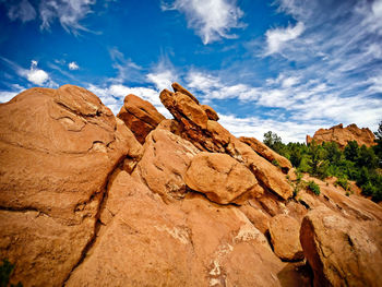 Low angle view of rock formations against blue sky