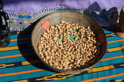 High angle view of roasted coffee beans in sack