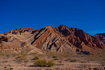 Scenic view of mountains against clear blue sky