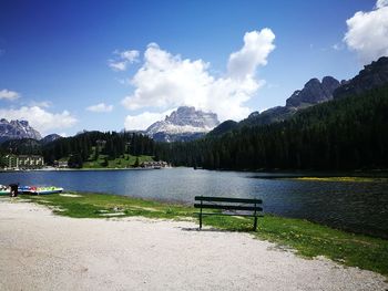 Scenic view of lake by mountains against sky