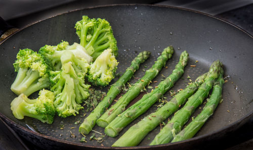 High angle view of vegetables in skillet