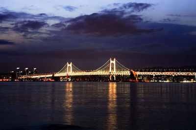 Illuminated bridge over river with city in background at night