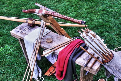 High angle view of wood on field