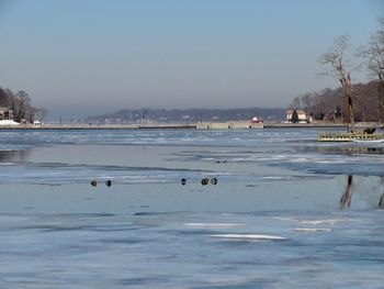 Scenic view of lake against clear sky during winter