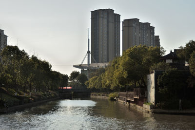 Bridge over river with city in background