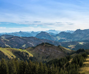 Scenic view of valley and mountains against sky