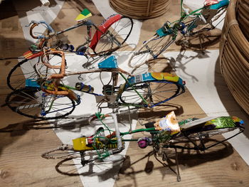 High angle view of bicycles on table