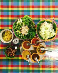 Directly above shot of food served on table