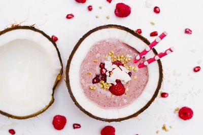 Raspberry smoothie in coconut