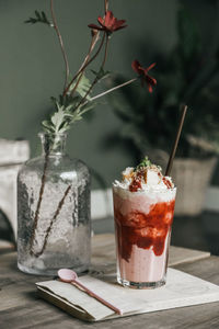 Close-up of dessert in glass on table