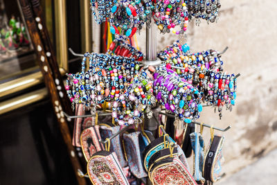 Close-up of multi colored decorations for sale in market