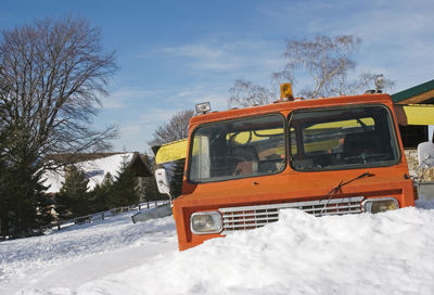 Snow covered car against sky