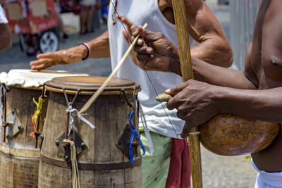 Brazilian musical instruments called berimbau and atabaque  in the streets of pelourinho in salvador 