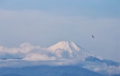 Low angle view of snowcapped mountains against sky