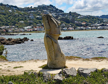 View of fish on rock at beach against sky