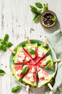 High angle view of fruits in bowl on table