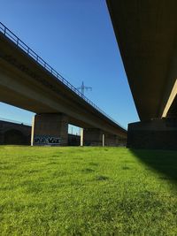 Low angle view of bridge over field against clear blue sky